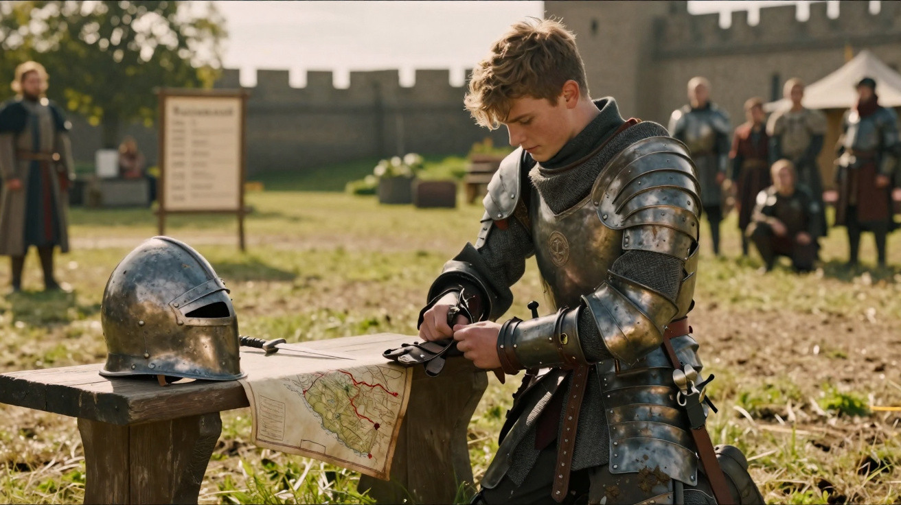 Jeune chevalier en armure attachant ses gants devant une carte sur une table en bois, château en arrière-plan.
