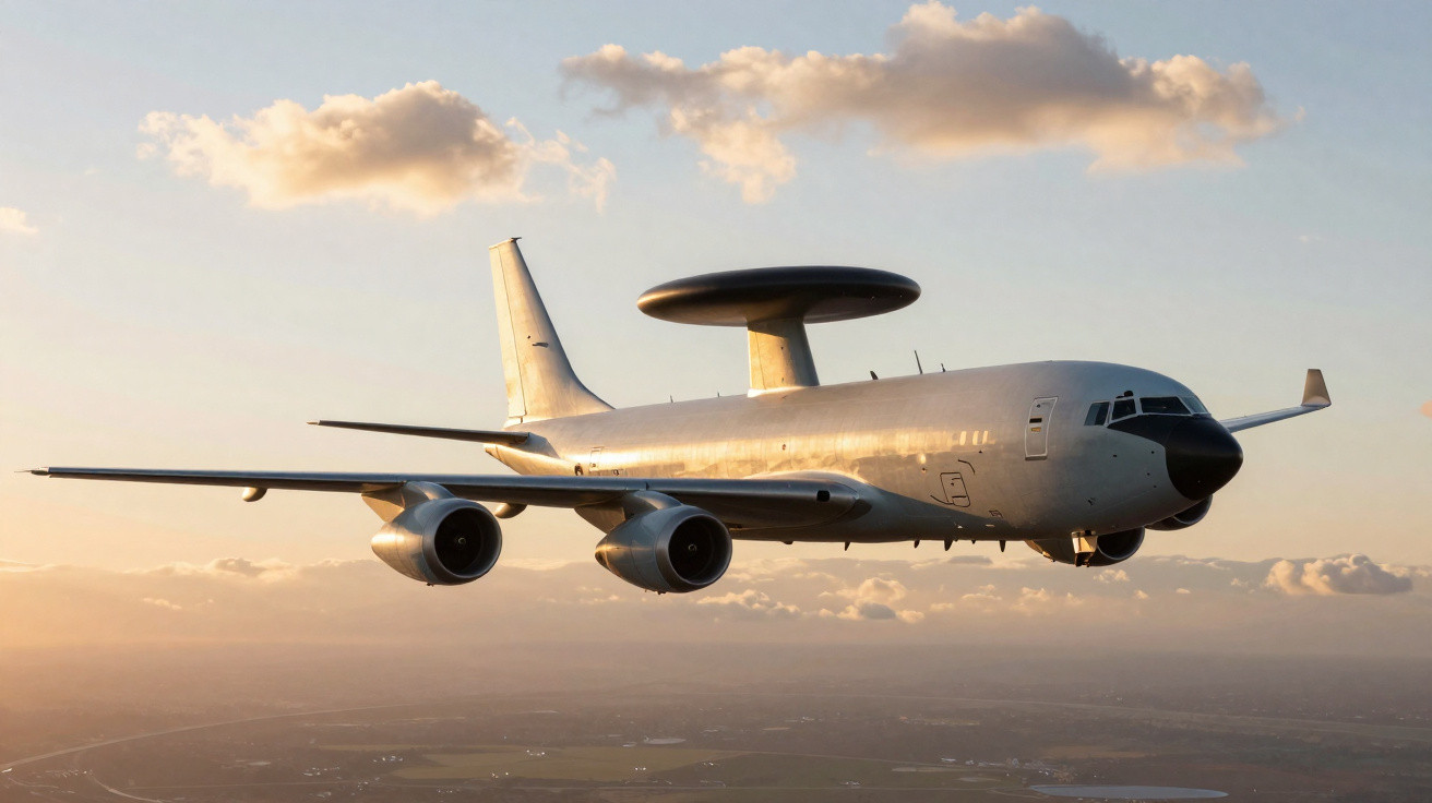Avion de surveillance aérien avec radar en vol au coucher du soleil au-dessus d'un paysage rural.