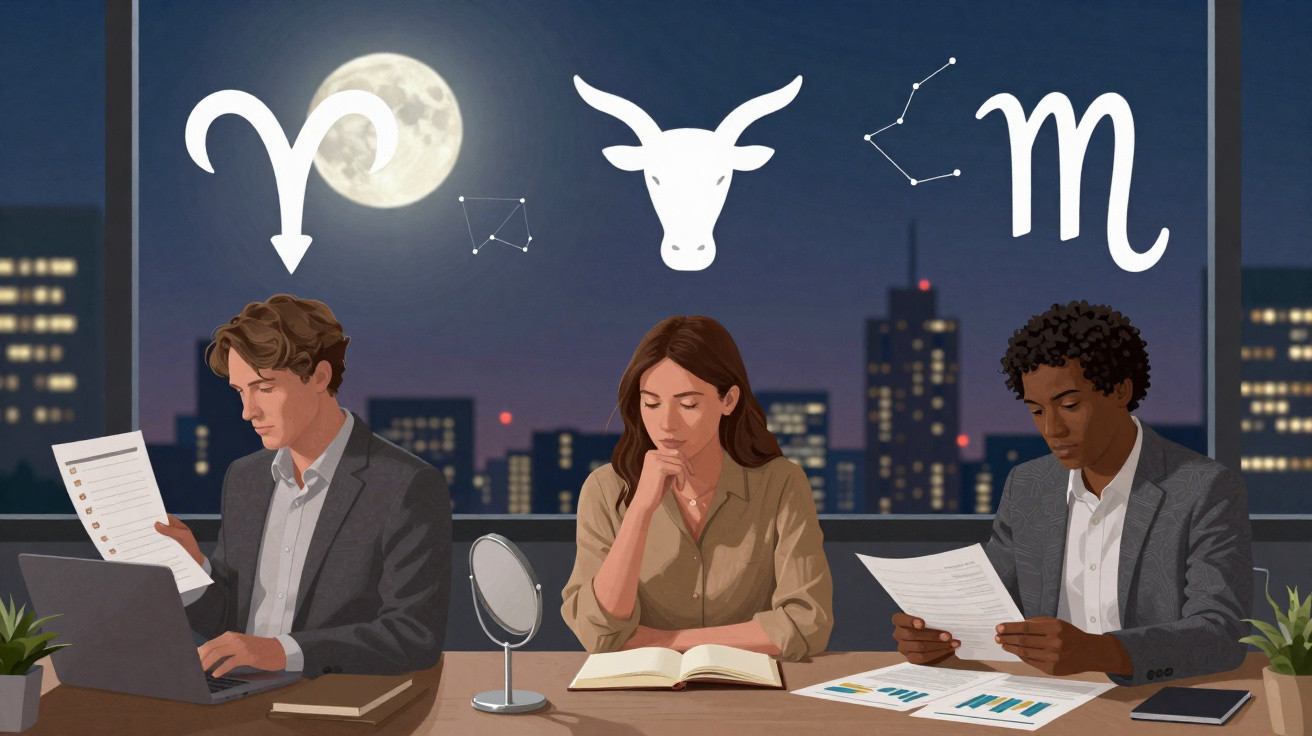 Trois personnes en réunion nocturne avec symboles astrologiques et pleine lune visible par la fenêtre.
