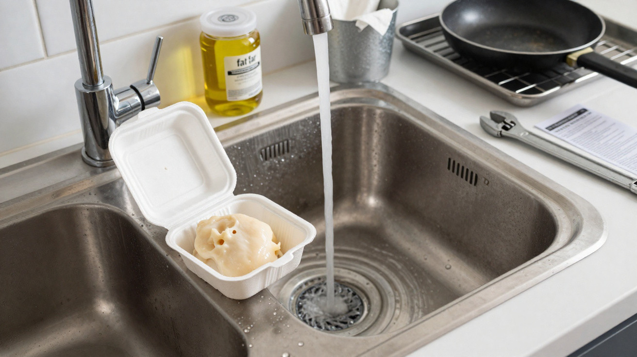 Évier de cuisine en inox avec robinet ouvert, pot de mayonnaise dans un récipient en plastique, poêle à frire sur le plan de 