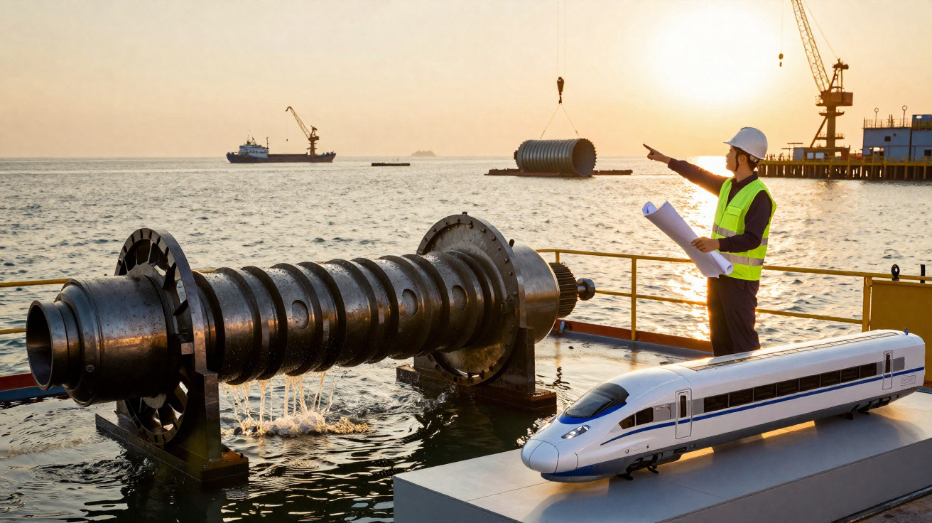 Ingénieur sur un quai maritime avec plans, devant une turbine hydraulique et un modèle de train à grande vitesse.