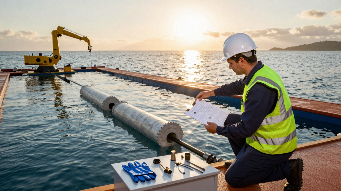 Technicien en gilet jaune et casque blanc inspectant un équipement flottant au bord de l'eau au coucher du soleil.