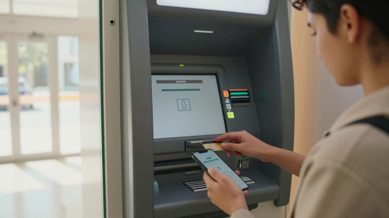 Personne utilisant un distributeur automatique de billets avec une carte bancaire et un smartphone.
