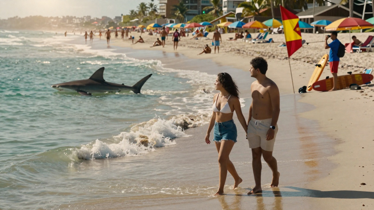 Un couple marche sur la plage près de l'eau où un requin nage près du rivage.