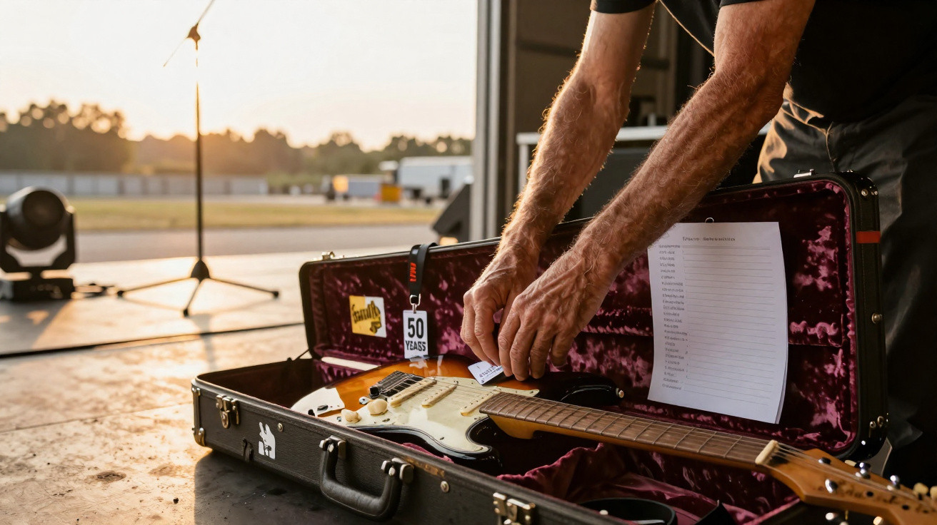 Personne accordant une guitare électrique dans un étui ouvert sur scène au coucher du soleil.