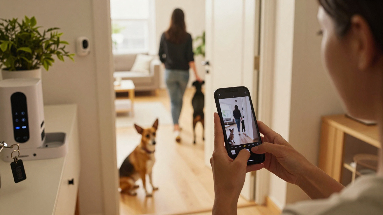 Personne prenant une photo avec un smartphone d'une femme marchant avec deux chiens dans une maison lumineuse.