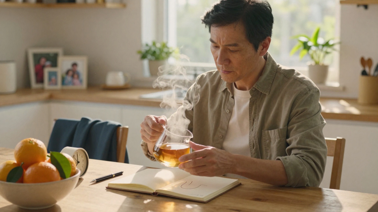 Homme verse du thé chaud dans une tasse en posant, assis à une table avec un carnet ouvert et des fruits.