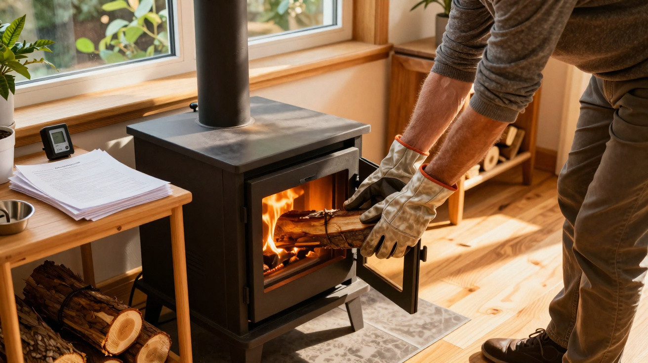 Personne insérant un bûche dans un poêle à bois allumé dans un intérieur lumineux en bois.