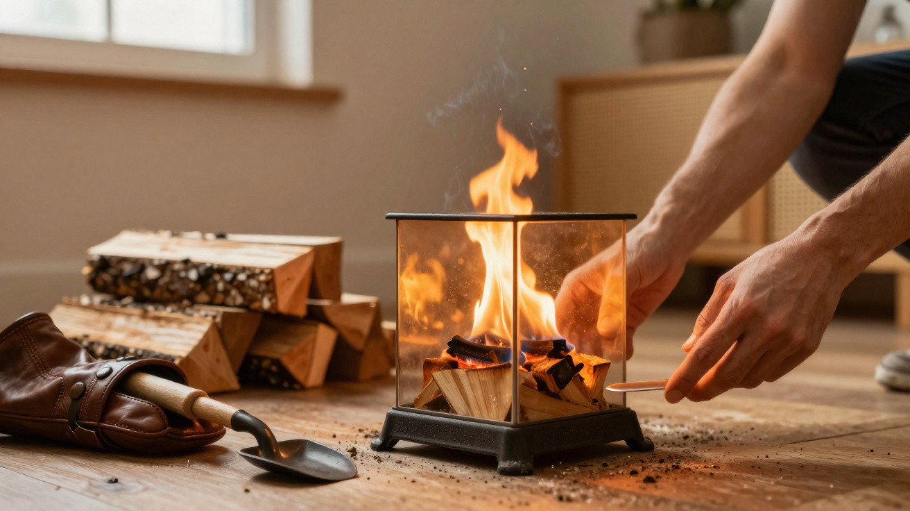 Personne allumant un feu dans un petit foyer en verre posé sur un sol en bois avec des bûches empilées à côté.