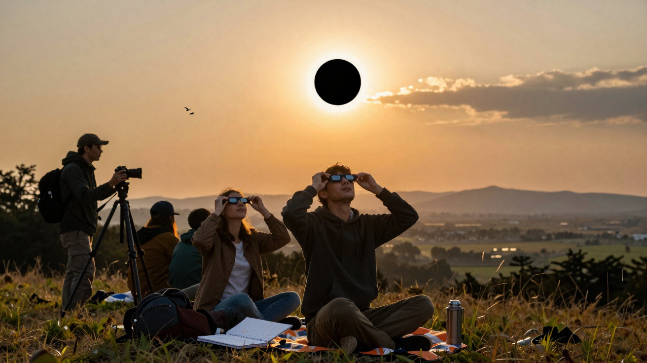 Personnes assises dans un champ observant une éclipse solaire à l'aide de lunettes spéciales au coucher du soleil.