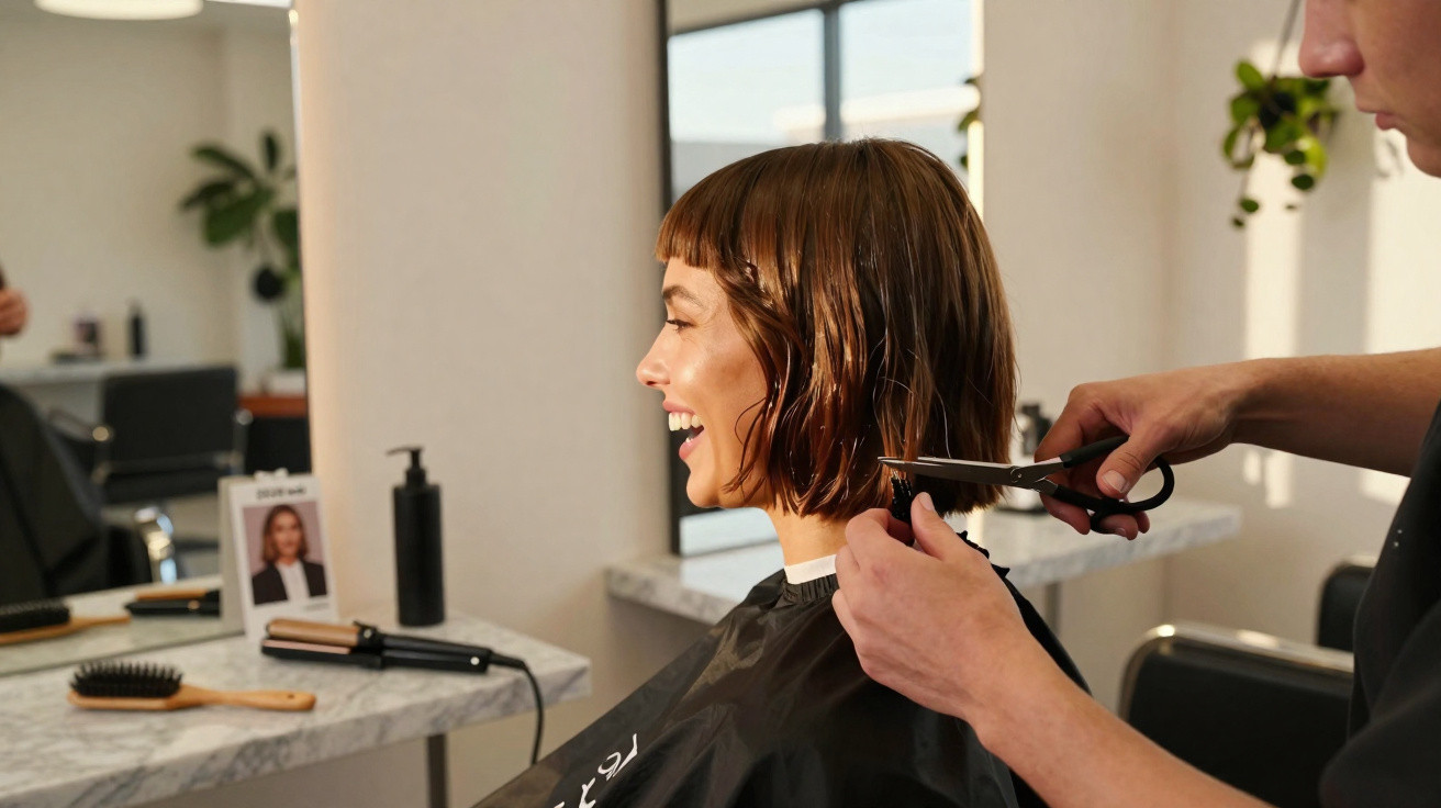 Femme souriante se faisant couper les cheveux par un coiffeur dans un salon lumineux et moderne.