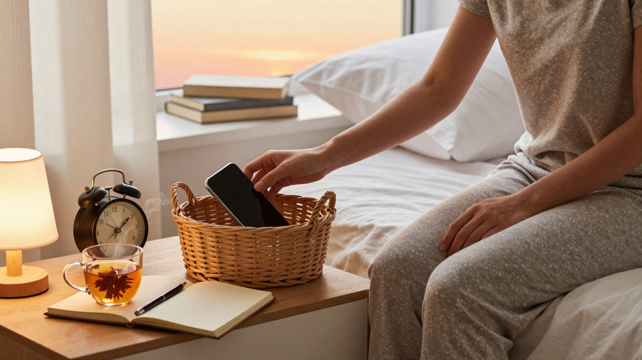 Personne déposant un smartphone dans un panier en osier près d'un lit, table avec lampe, thé et cahier ouvert.