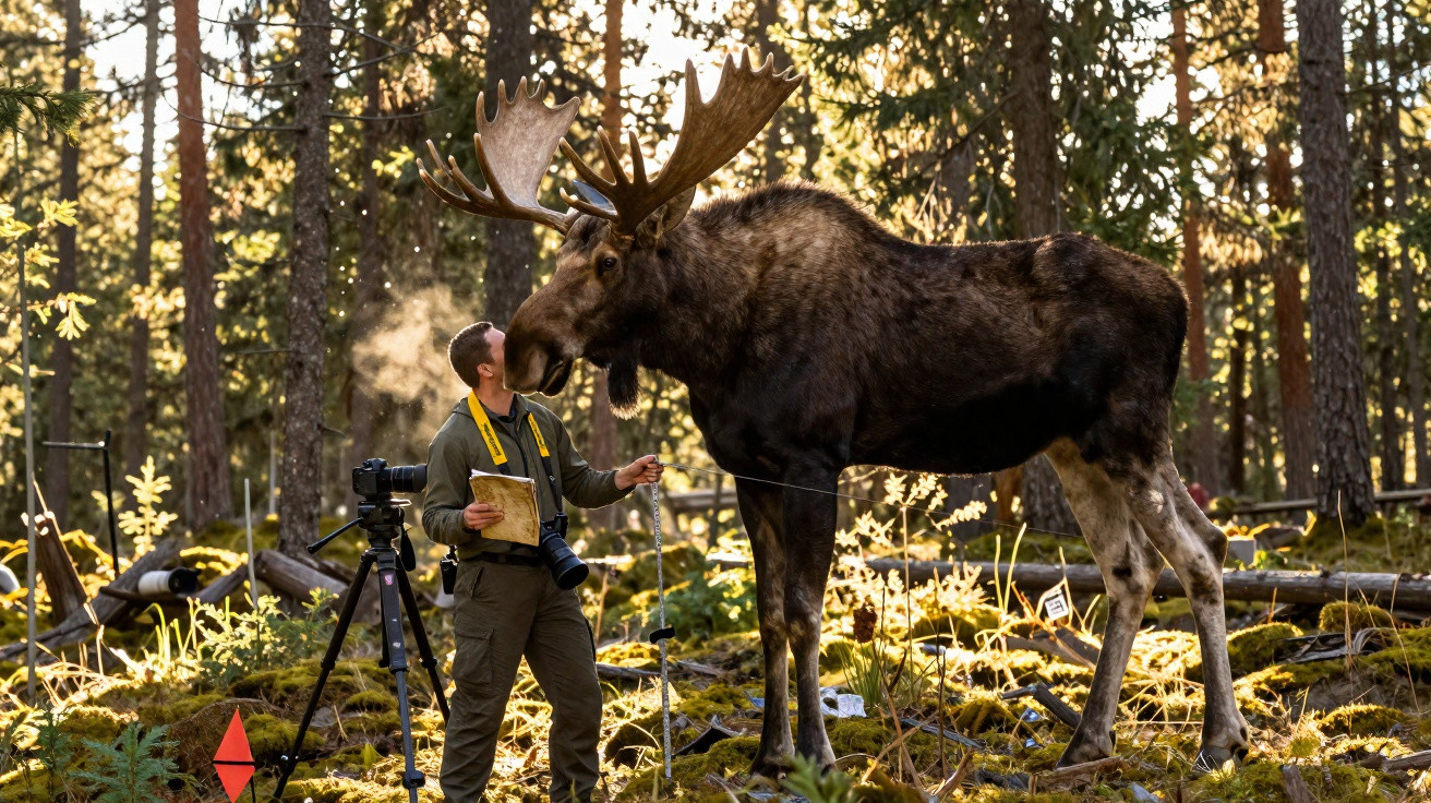 Un homme observe un élan massif dans une forêt éclairée par le soleil, avec du matériel de photographie.