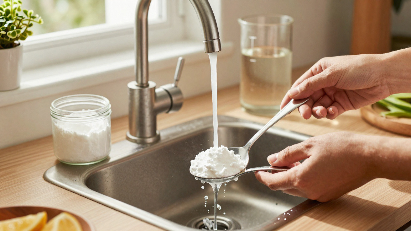 Une personne rince une cuillère de bicarbonate de soude sous un robinet dans une cuisine moderne.