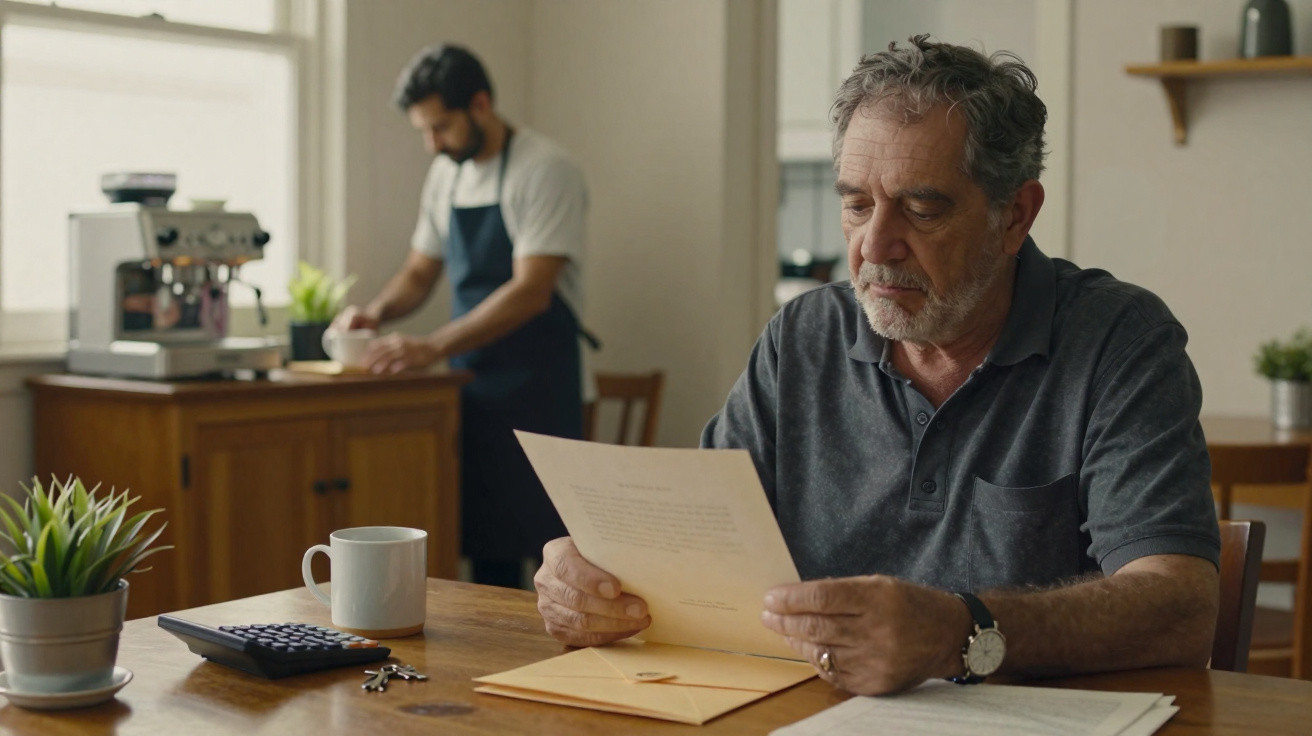Homme âgé lisant un document à une table, un autre homme en arrière-plan prépare une boisson.