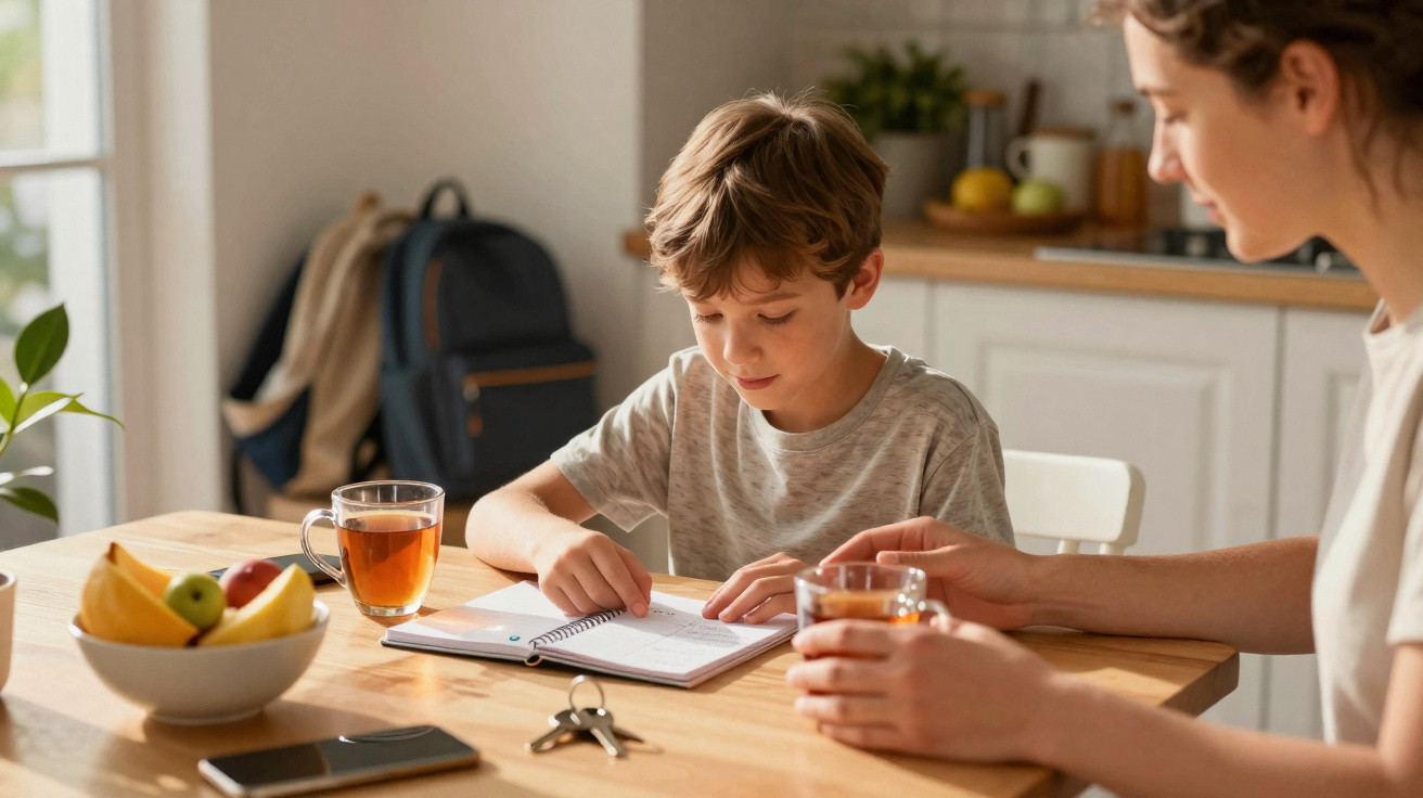 Un garçon fait ses devoirs à table avec une femme, boissons et fruits à côté dans une cuisine lumineuse.