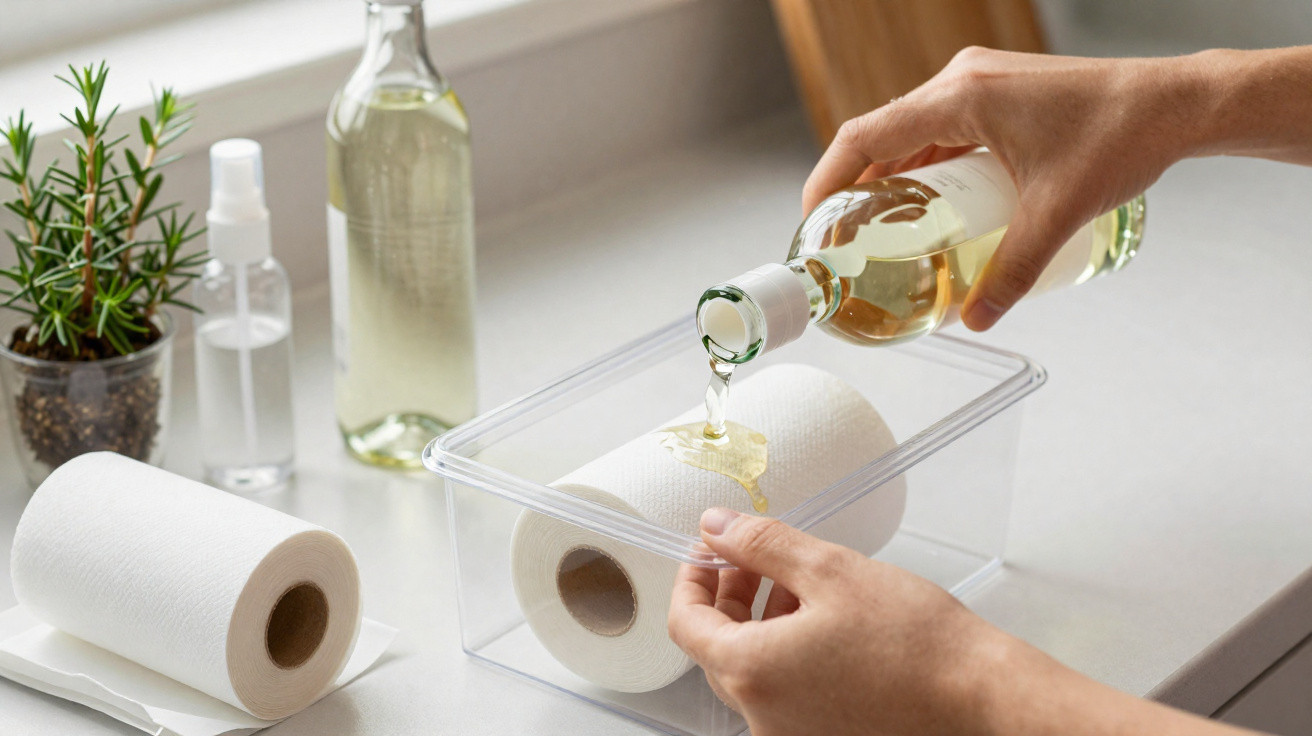 Deux mains versent un liquide clair sur un rouleau de papier absorbant dans une boîte en plastique transparente.