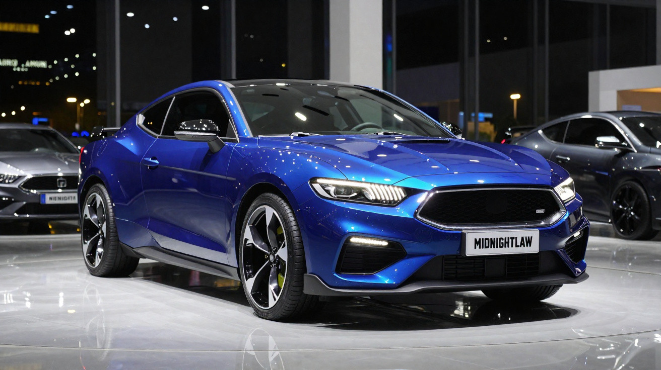 Voiture de sport bleue brillante exposée en intérieur avec phares allumés et jantes noires et argentées.