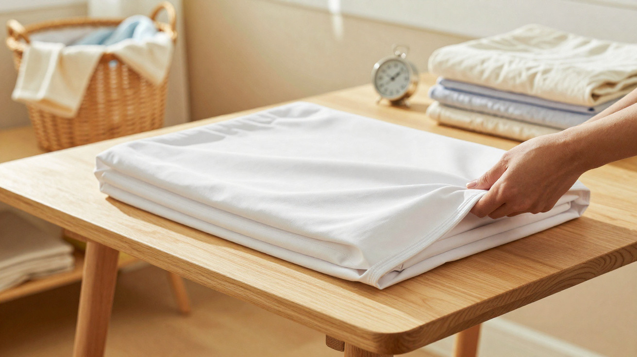 Main pliant un drap blanc sur une table en bois avec des piles de linge et un panier à linge en arrière-plan.
