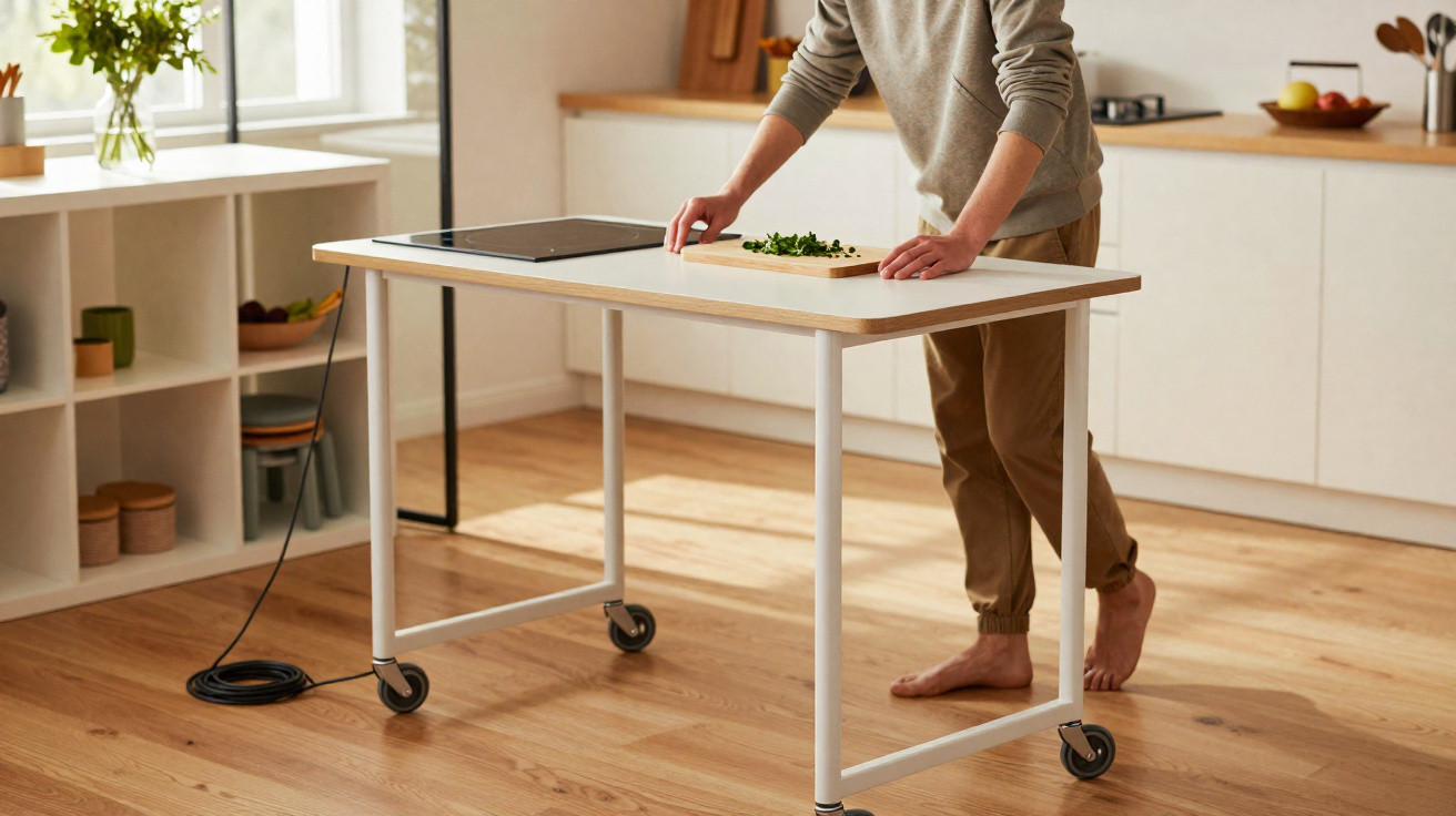 Personne debout dans une cuisine moderne, hachant des herbes sur une table mobile blanche à roulettes.
