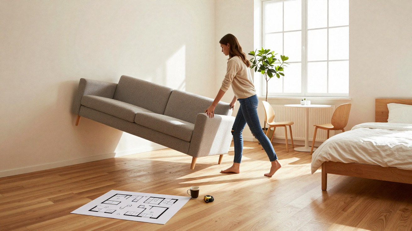 Femme déplaçant un canapé gris dans un salon lumineux avec plans et outils sur le sol en bois clair.