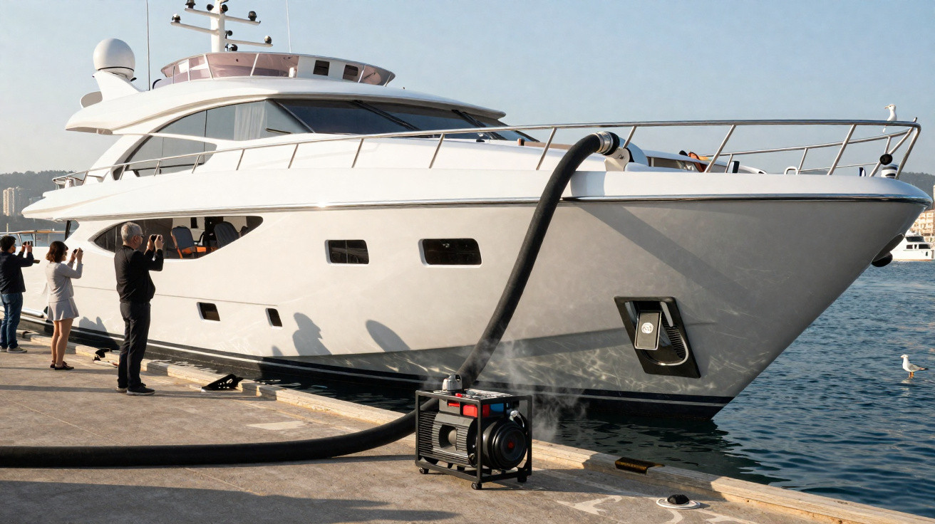 Yacht blanc amarré au quai avec une pompe noire connectée, plusieurs personnes prennent des photos.