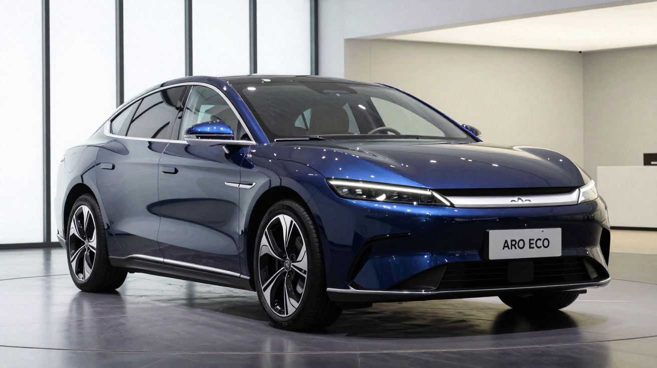 Voiture électrique bleue Aro Eco exposée en intérieur avec design moderne et jantes aérodynamiques.