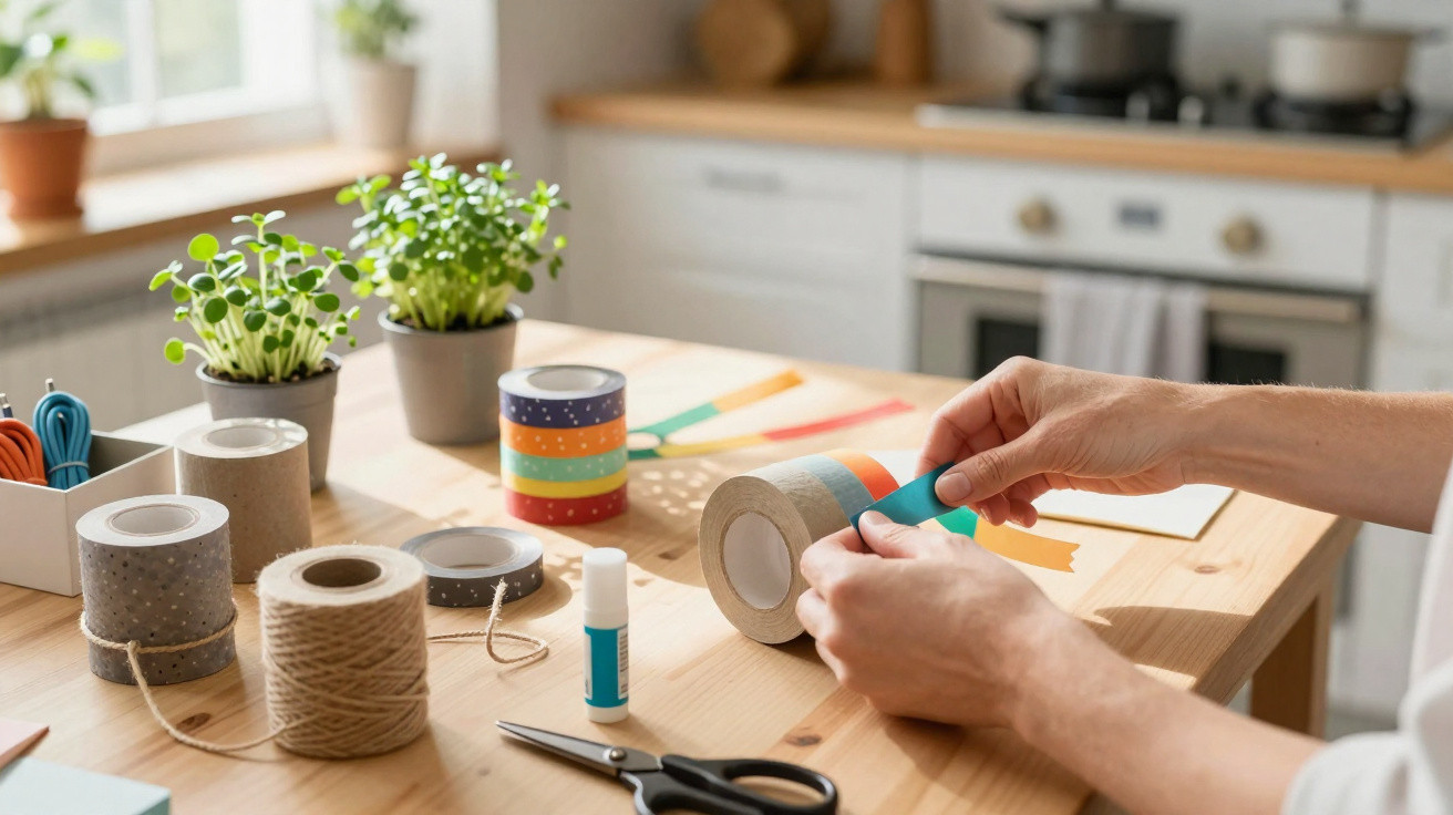 Personne utilisant du ruban adhésif coloré pour un projet manuel sur une table en bois avec divers accessoires.