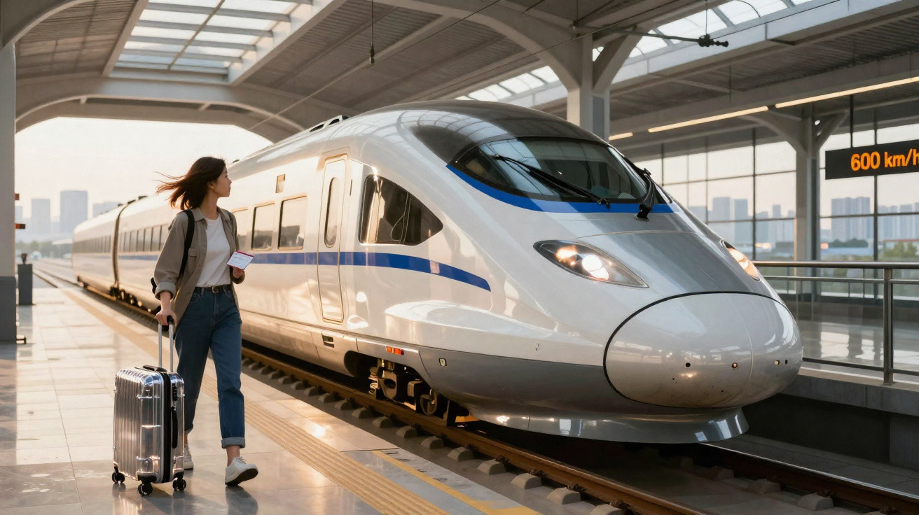 Jeune femme avec valise attend à quai devant un train à grande vitesse dans une gare moderne.