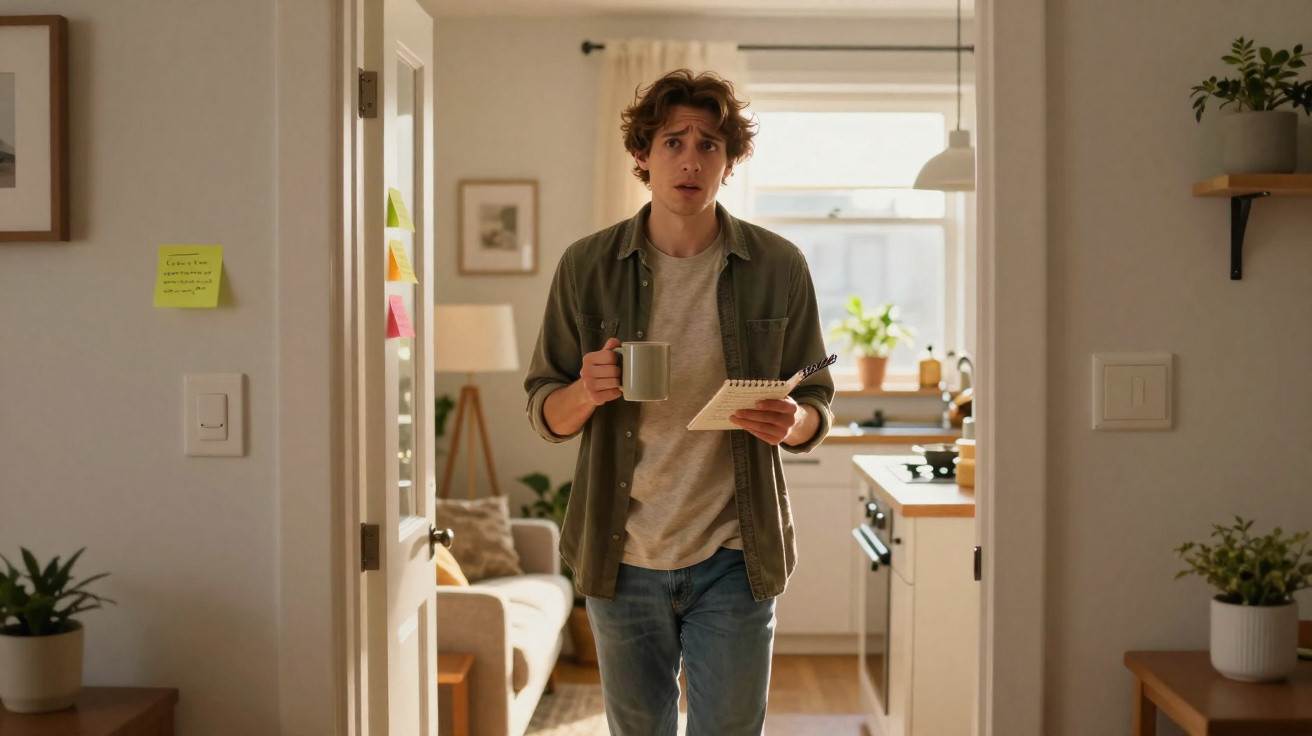 Jeune homme surpris tenant une tasse et un carnet dans un appartement lumineux et décoré.