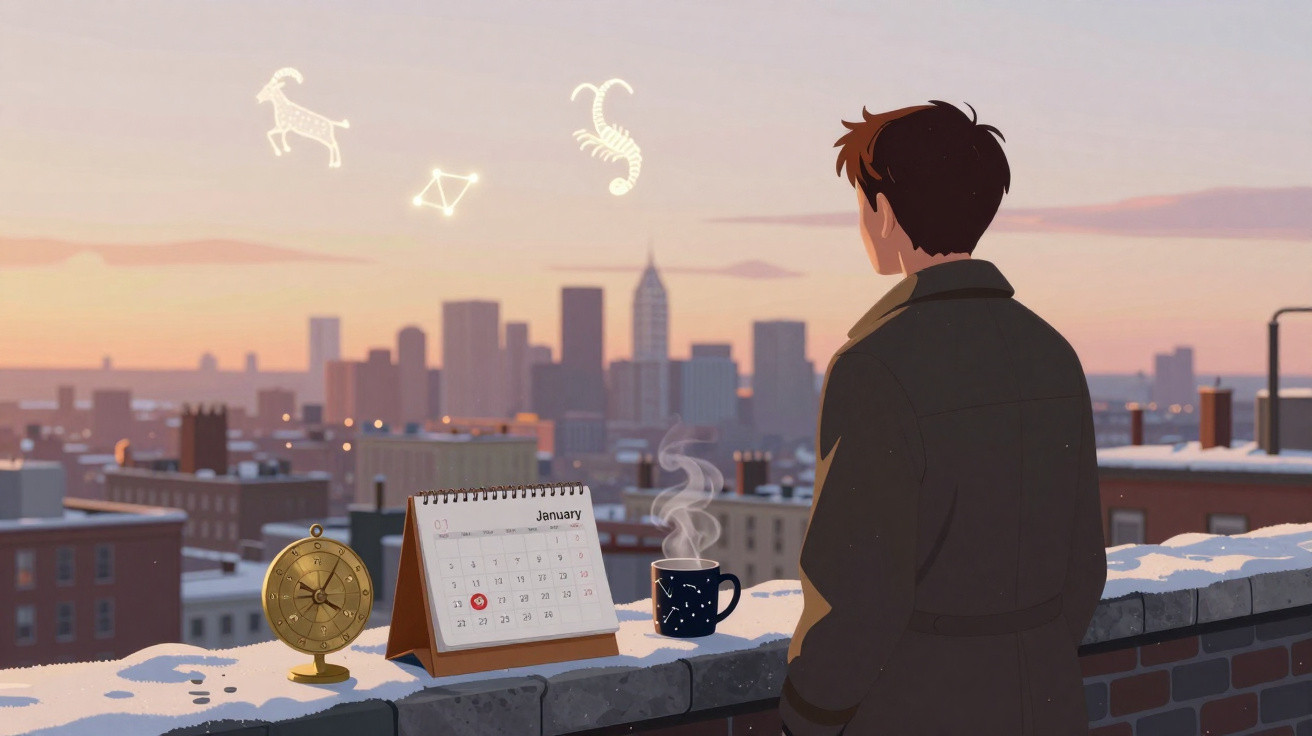 Un homme regarde une ville au coucher du soleil, avec un calendrier, une boussole, une tasse fumante et des signes du zodiaqu