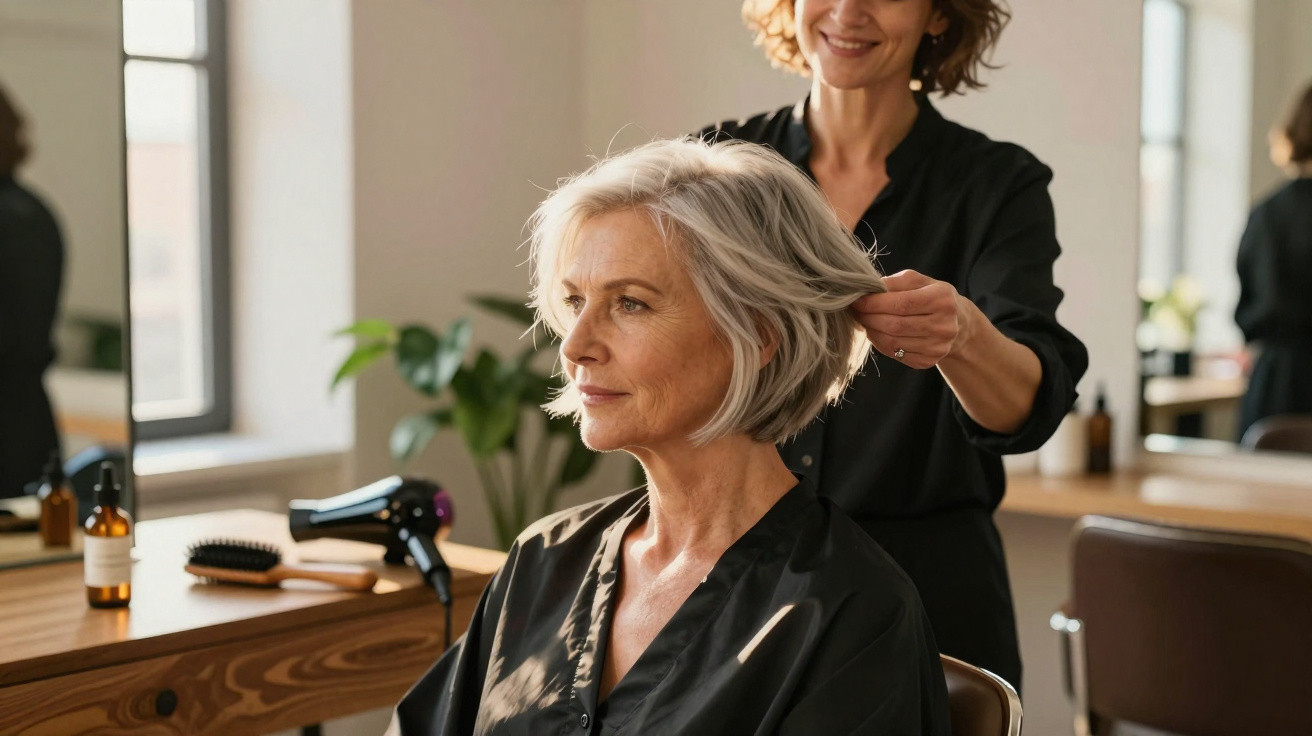 Femme aux cheveux gris coupés court coiffée par une coiffeuse dans un salon lumineux moderne.