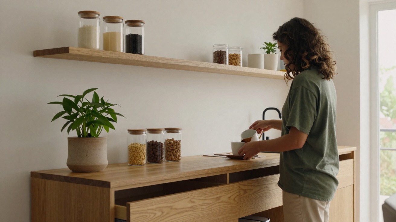 Femme préparant une boisson dans une cuisine minimaliste avec étagère en bois et bocaux de nourriture.