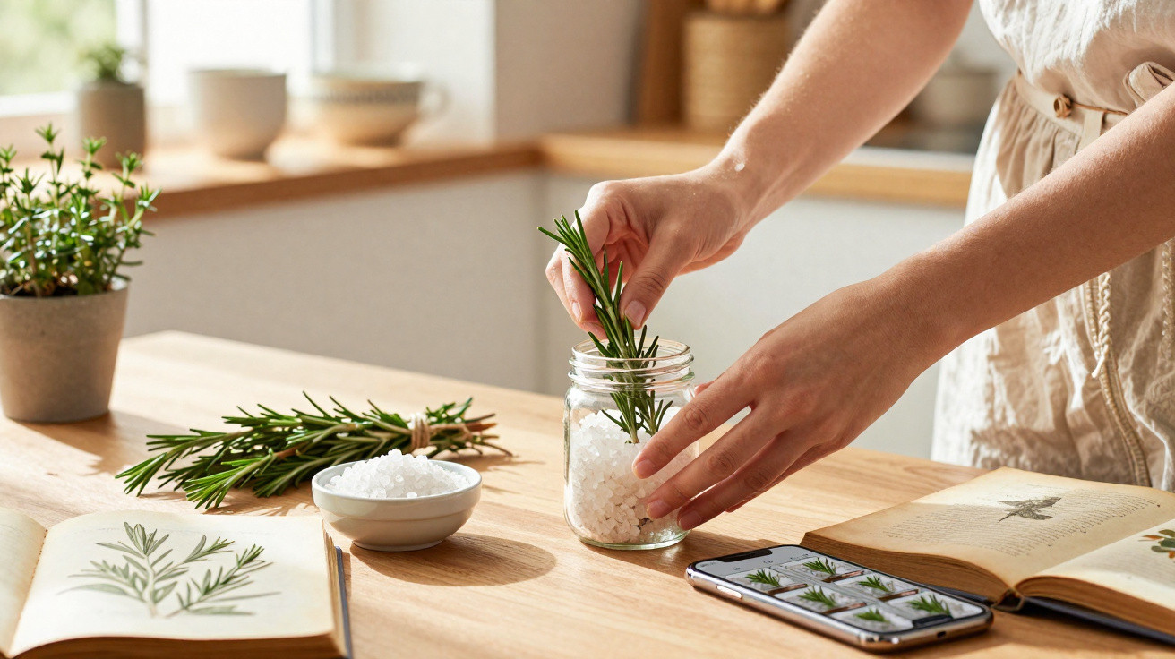 Mains plaçant un brin de romarin dans un bocal de cristaux blancs sur une table avec livre d’herbes et smartphone.
