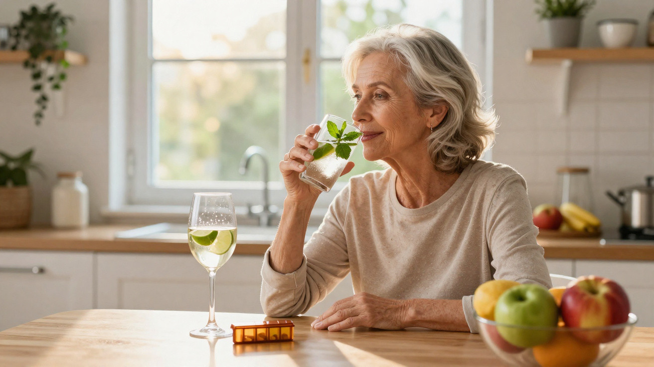 Femme âgée contente buvant un verre d'eau avec une feuille de menthe en cuisine lumineuse et moderne.