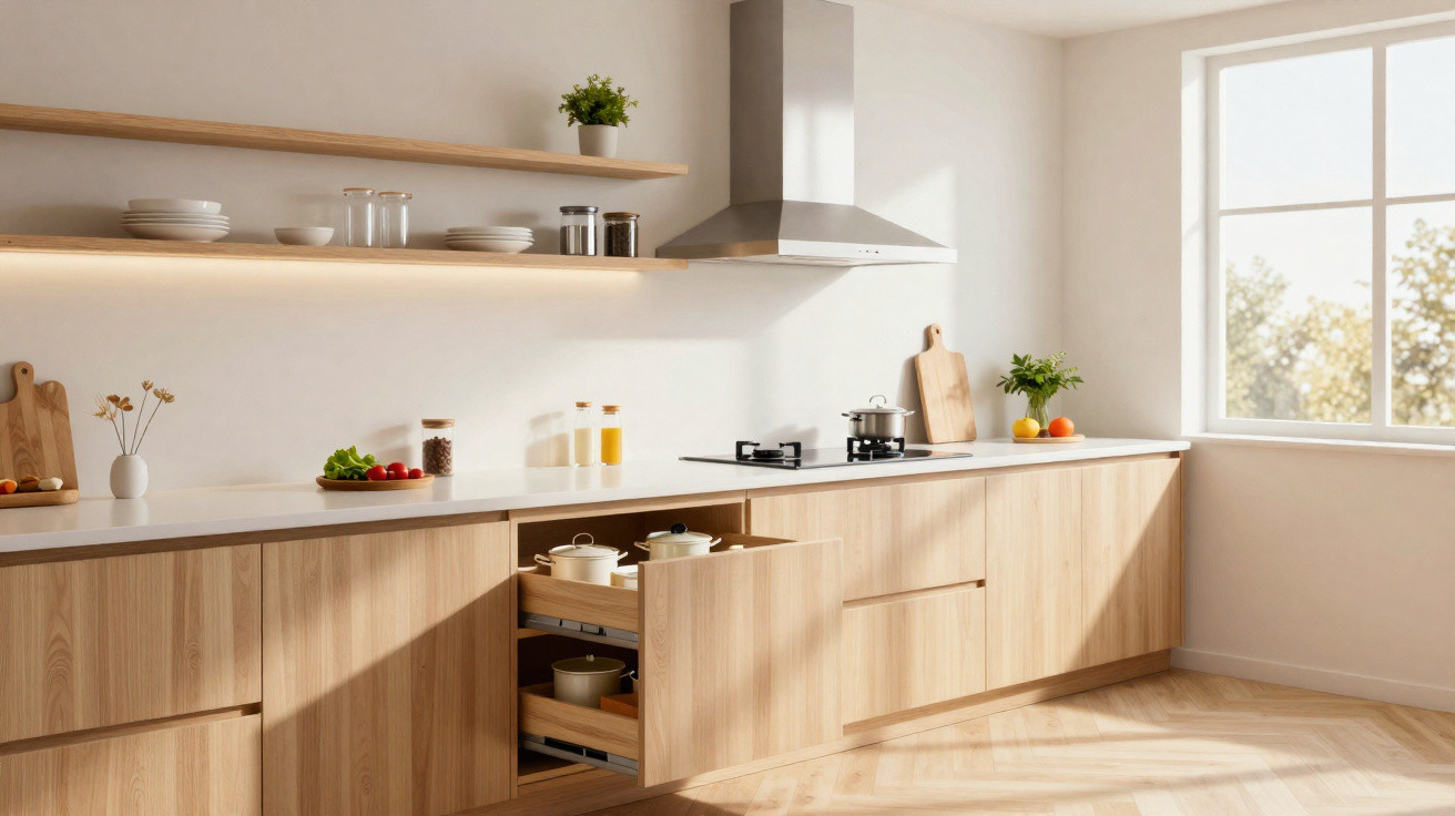 Cuisine moderne lumineuse avec meubles en bois clair, plan de travail blanc et grande fenêtre laissant entrer la lumière natu