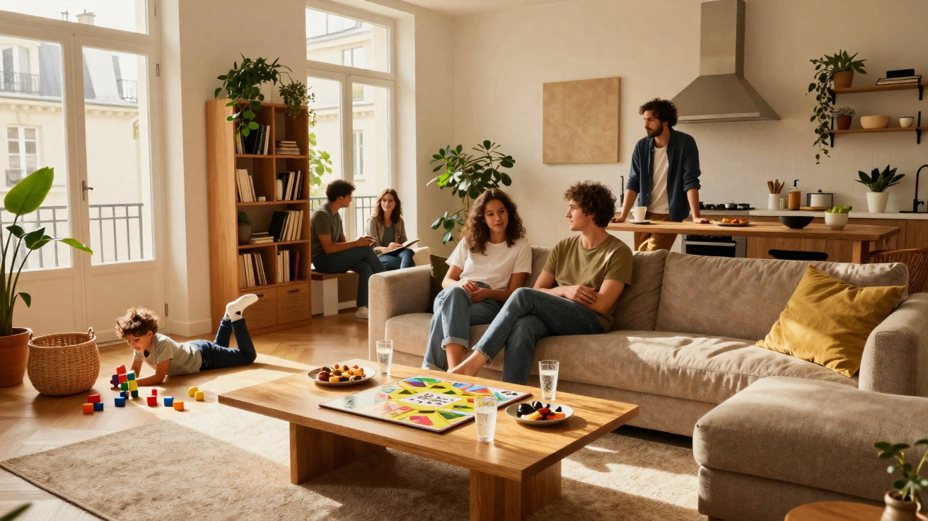 Groupe de personnes discutant et jouant dans un salon lumineux et moderne avec des plantes et des fenêtres larges.