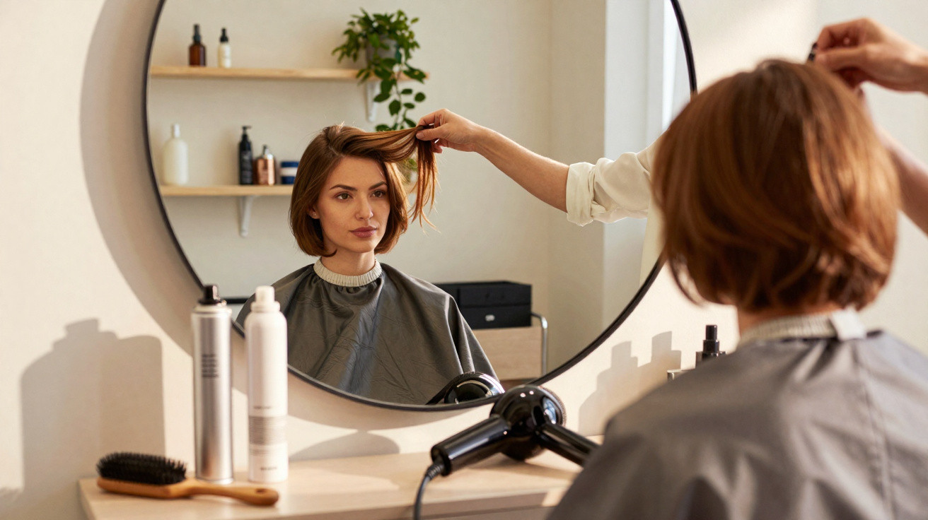 Femme assise devant un miroir de salon coiffure, cheveux courts, tenant une mèche examinée par un coiffeur.
