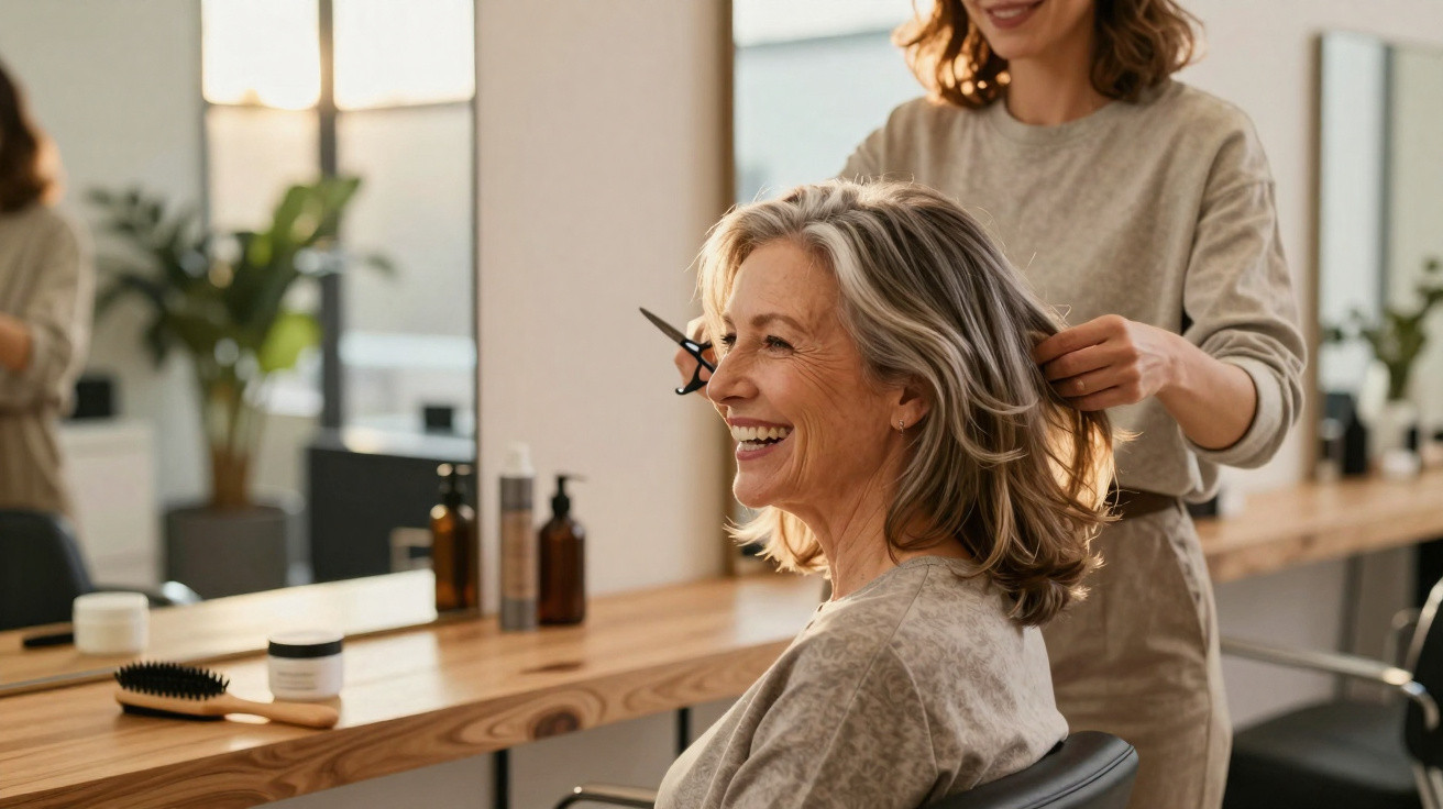 Femme souriante en salon coiffure recevant une coupe de cheveux d'une coiffeuse professionnelle.