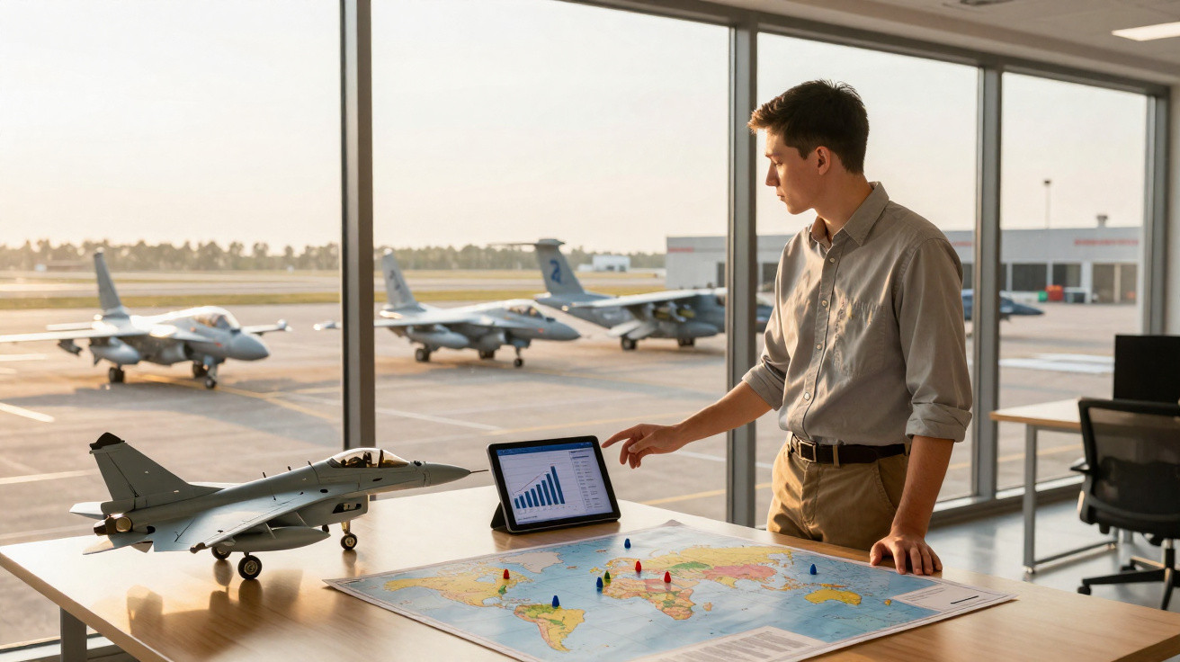 Homme analysant des données sur une tablette avec une maquette d’avion et une carte du monde en arrière-plan d’aéroport.