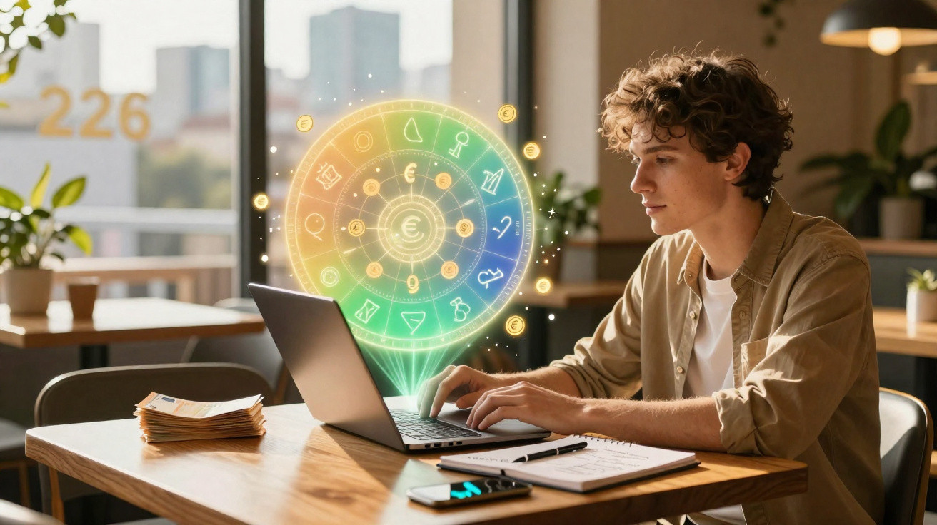 Jeune homme travaillant sur un ordinateur portable avec des symboles financiers holographiques colorés flottant devant lui.