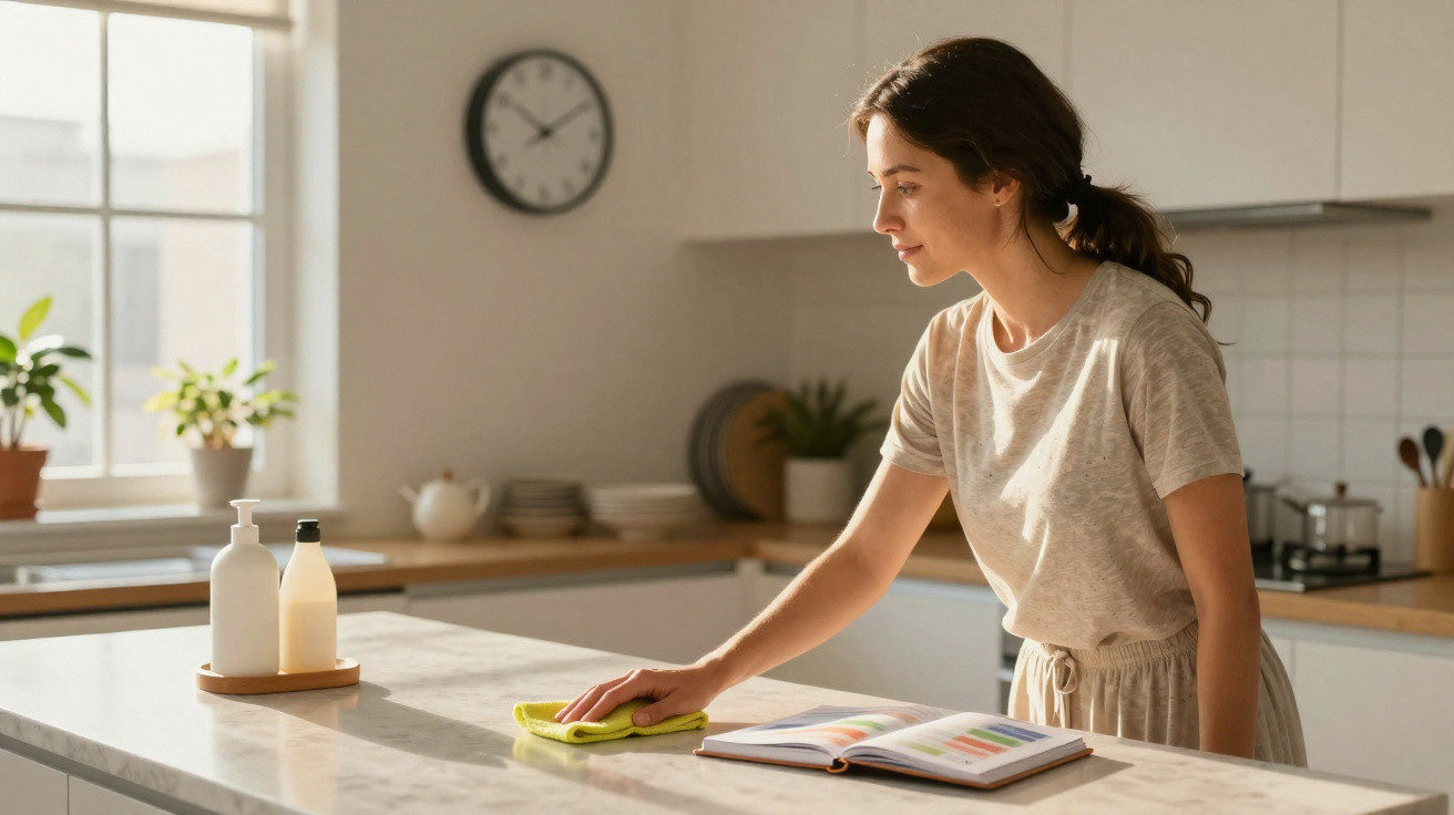 Femme nettoyant un plan de travail en cuisine moderne, avec un livre ouvert et une horloge murale en arrière-plan.