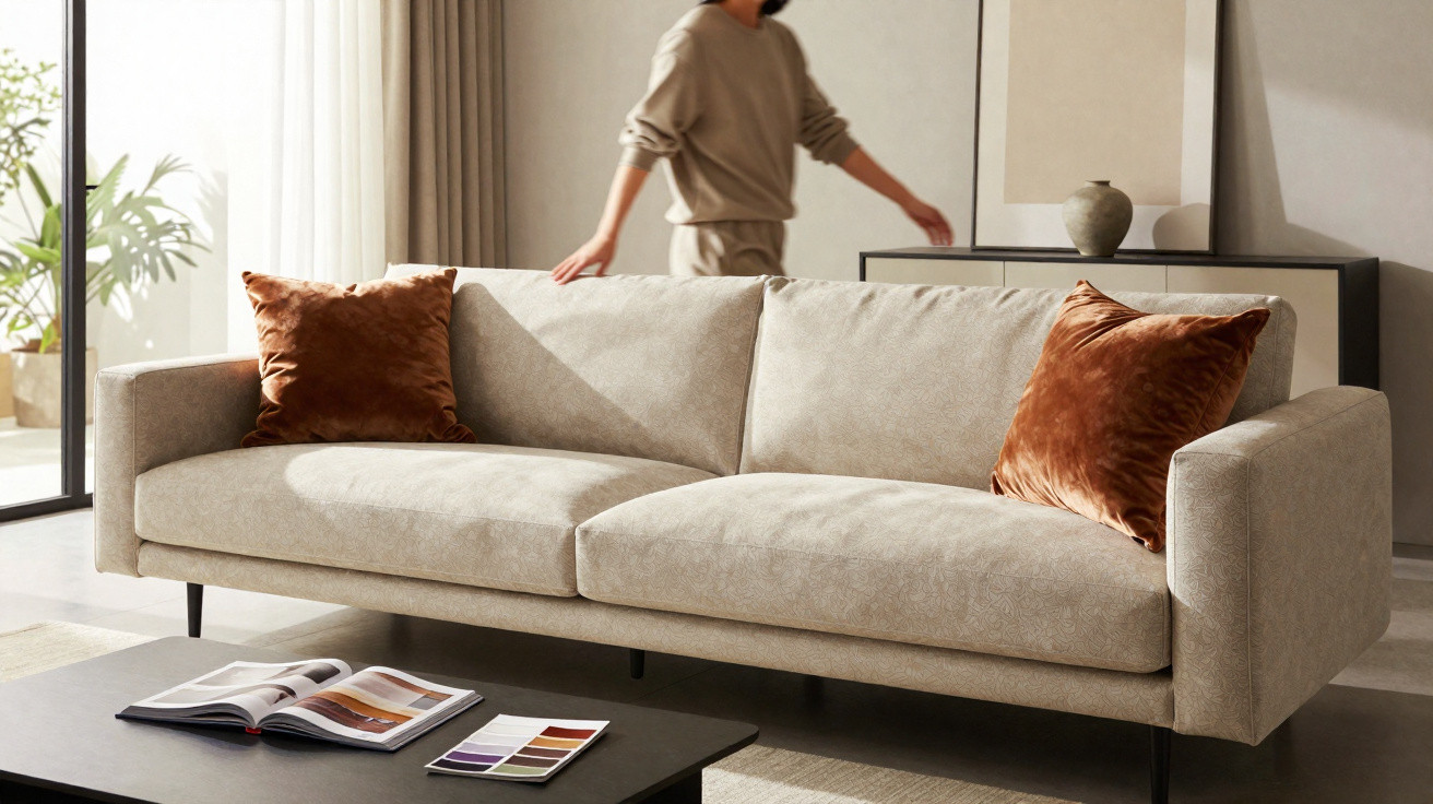 Canapé beige avec deux coussins rouille, table basse noire avec magazine et nuancier, personne floue en arrière-plan.