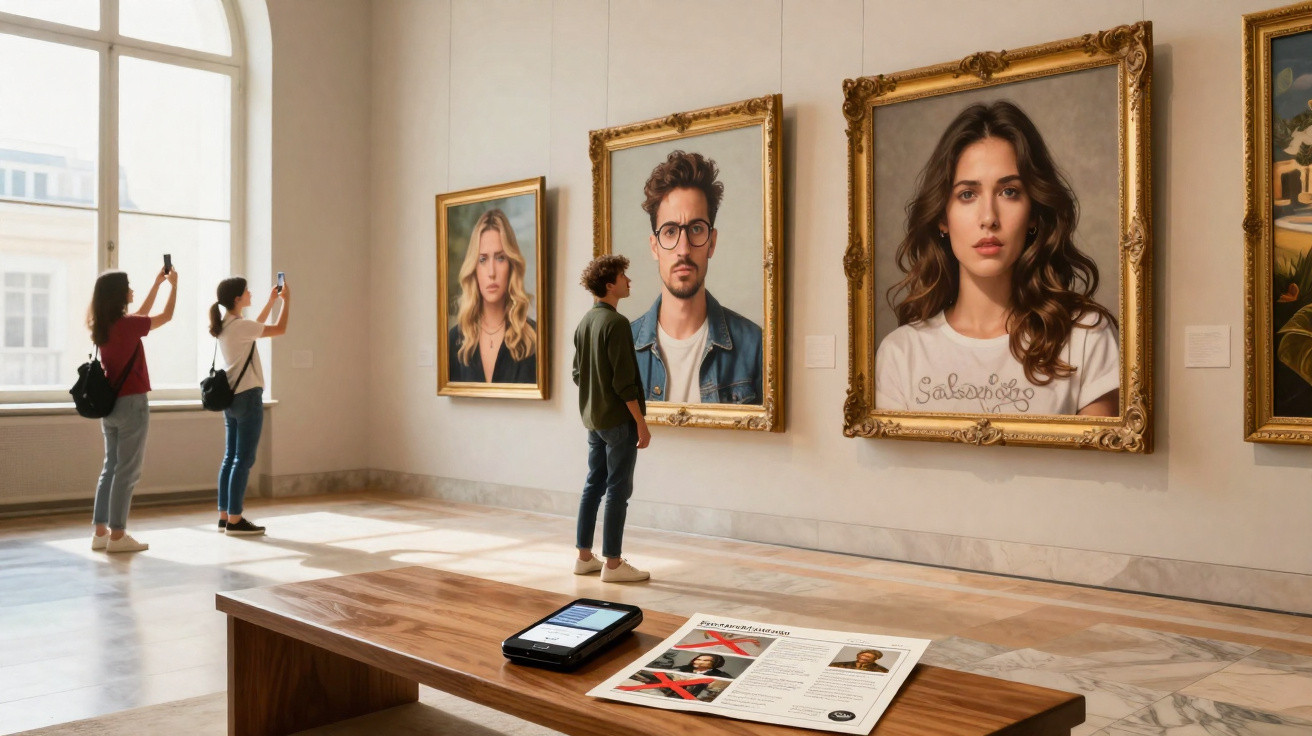 Personnes dans un musée regardant et photographiant des portraits encadrés accrochés au mur.