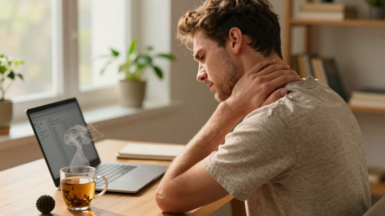 Jeune homme assis devant un ordinateur portable, se massant la nuque, avec une tasse de thé fumant.