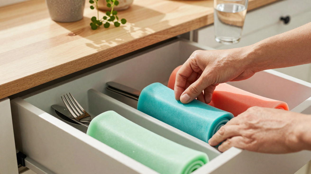 Personne range trois serviettes colorées dans un tiroir à couverts sous un plan de travail bois.