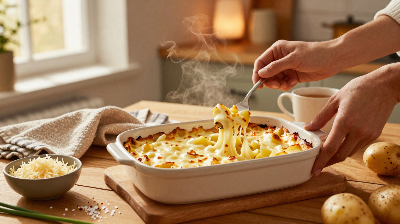 Gratin de pommes de terre fumant avec fromage fondant dans un plat blanc posé sur une table en bois.