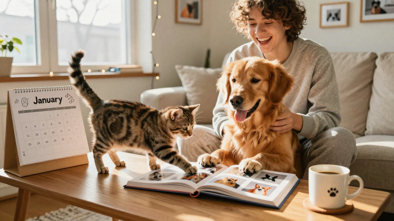 Jeune personne souriante caressant un golden retriever pendant qu’un chat explore un album photo sur une table.