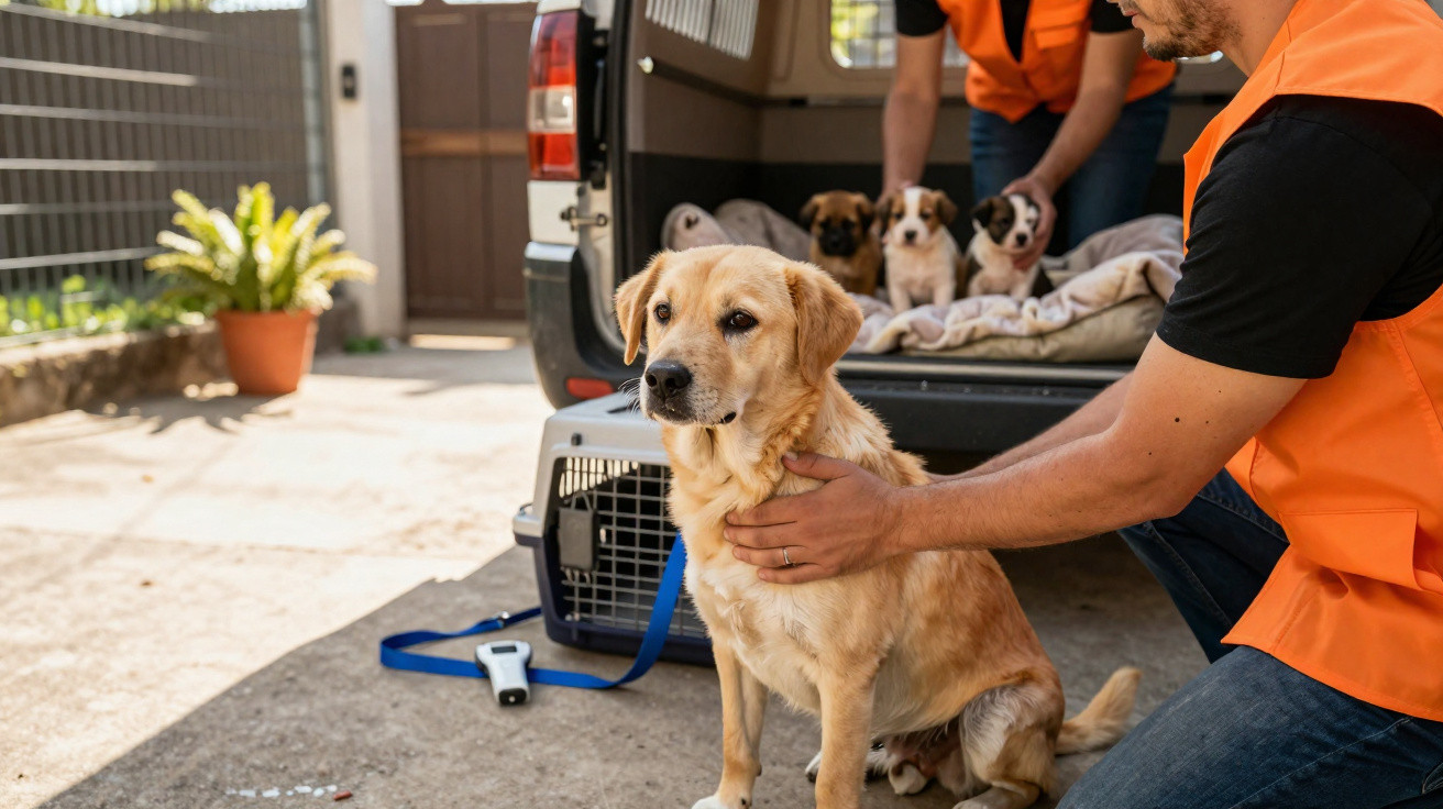 Homme en gilet orange tenant un chien Labrador beige devant une voiture avec trois chiots à l’arrière.