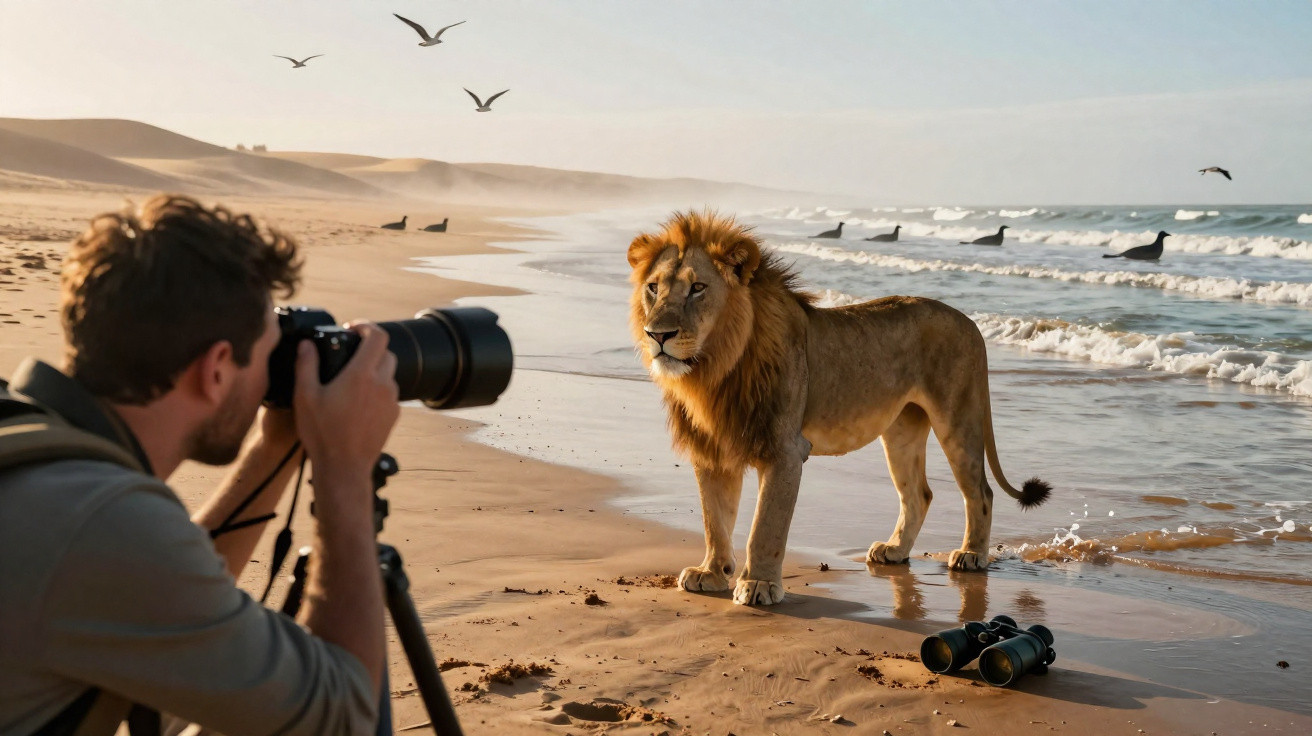 Photographe prenant en photo un lion debout sur une plage sablonneuse au bord de l'océan avec des oiseaux en vol.